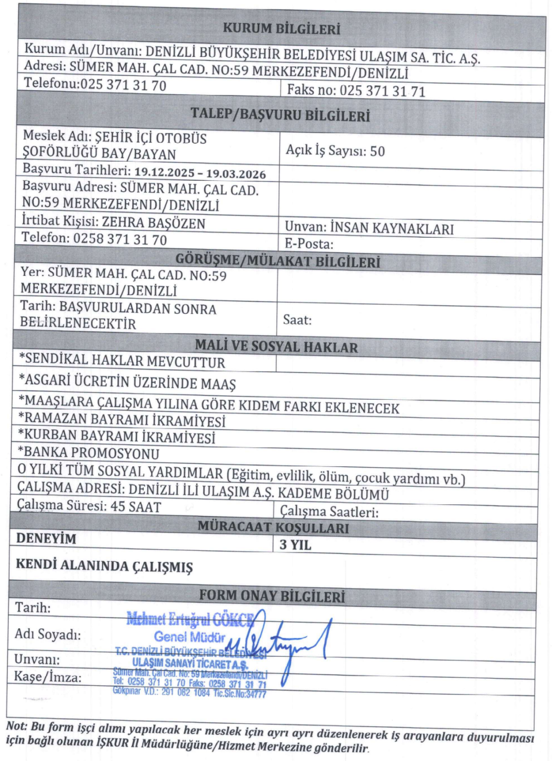 Denizli Büyükşehir Belediyesi 50 otobüs şoförü alımı başvuru detayları